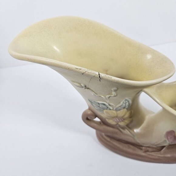 Vintage Hull Art Pottery MCM Magnolia Double Cornucopia Vase Pink & Yellow 6-12 - Picture 8 of 9